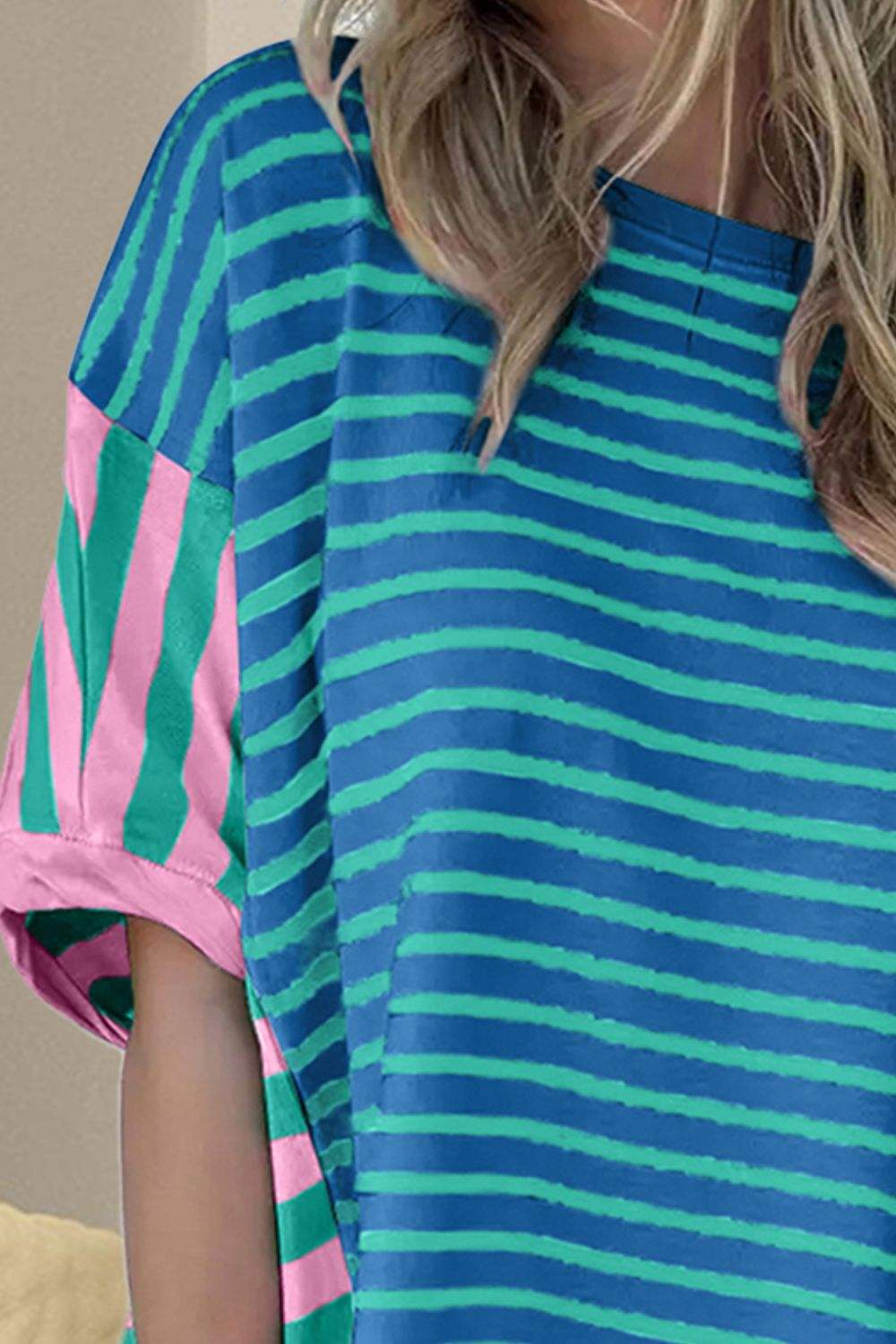 Striped Round Neck Half Sleeve T-Shirt - Trendsi - Flyclothing LLC