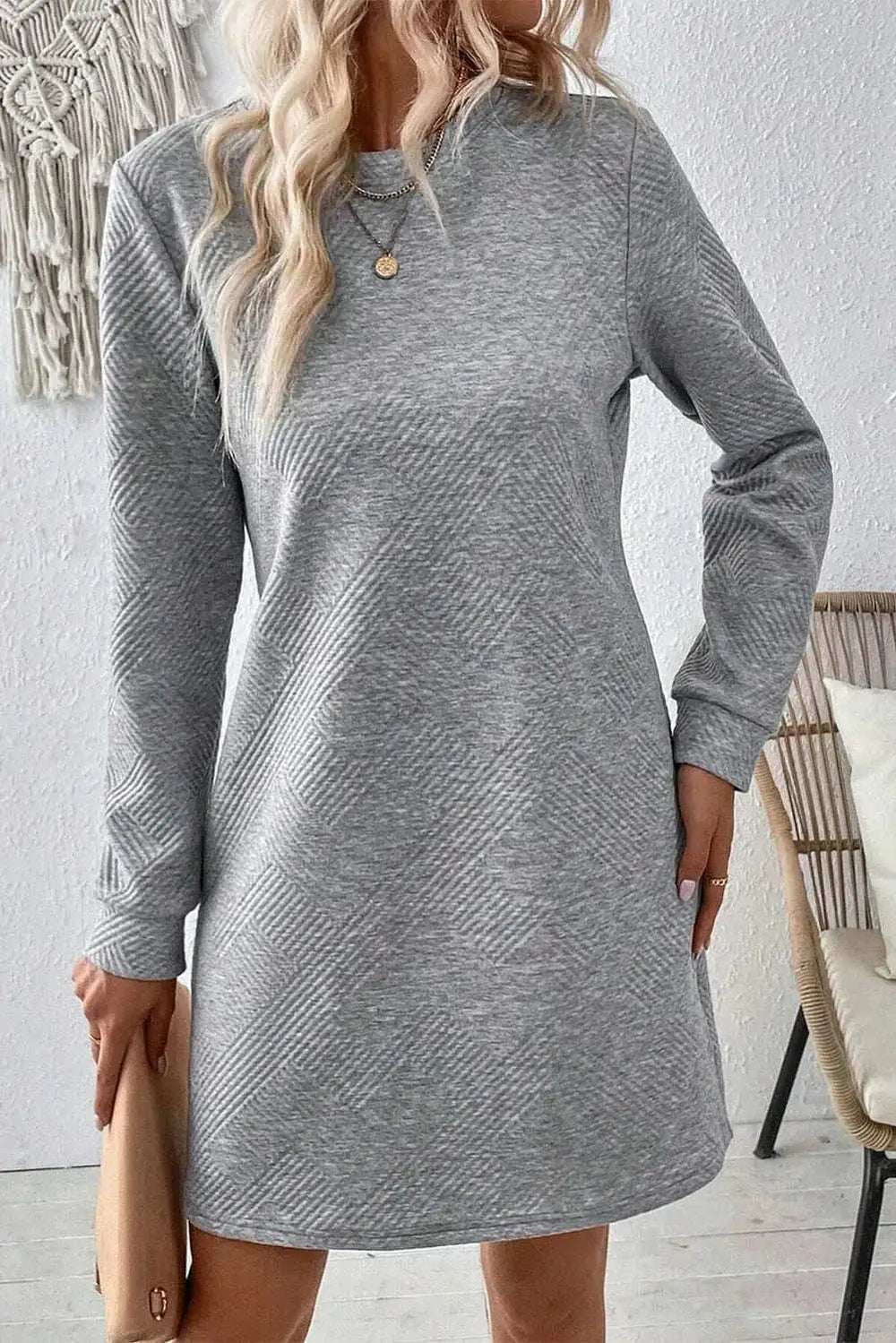 Textured Round Neck Long Sleeve Mini Dress - Trendsi - Flyclothing LLC