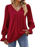 V-Neck Long Sleeve Ruffle Cuff Blouse - Trendsi - Flyclothing LLC