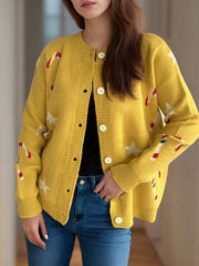 Candy Cane & Star Button Down Long Sleeve Cardigan - Trendsi
