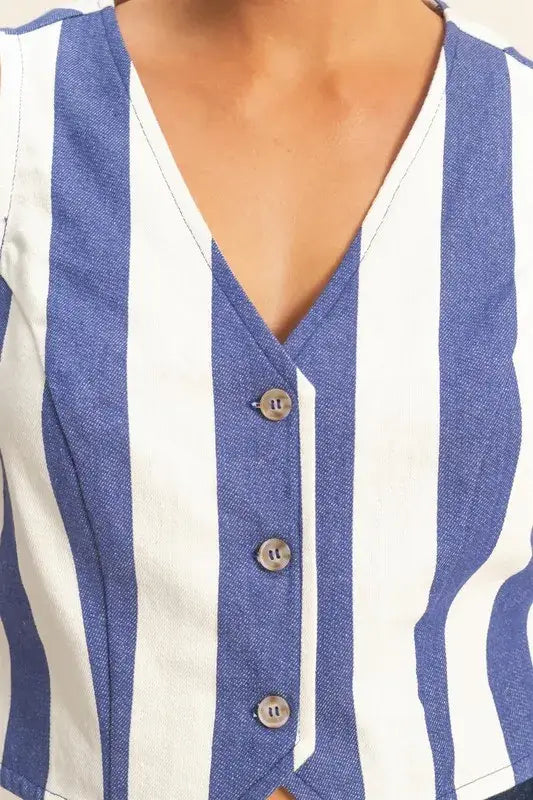 HYFVE Woven Striped V-Neck Button Down Vest - Trendsi - Flyclothing LLC