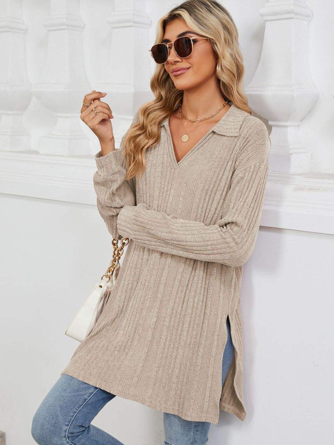 Slit Johnny Collar Long Sleeve T-Shirt - Trendsi - Flyclothing LLC