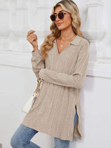 Slit Johnny Collar Long Sleeve T-Shirt - Trendsi - Flyclothing LLC