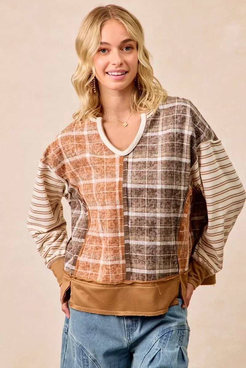 BiBi Plaid And Stripe Mix And Match Top With Open Seam - Trendsi - Flyclothing LLC