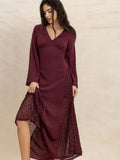 Lace Patchwork V-Neck Long Sleeve Midi Dress - Trendsi