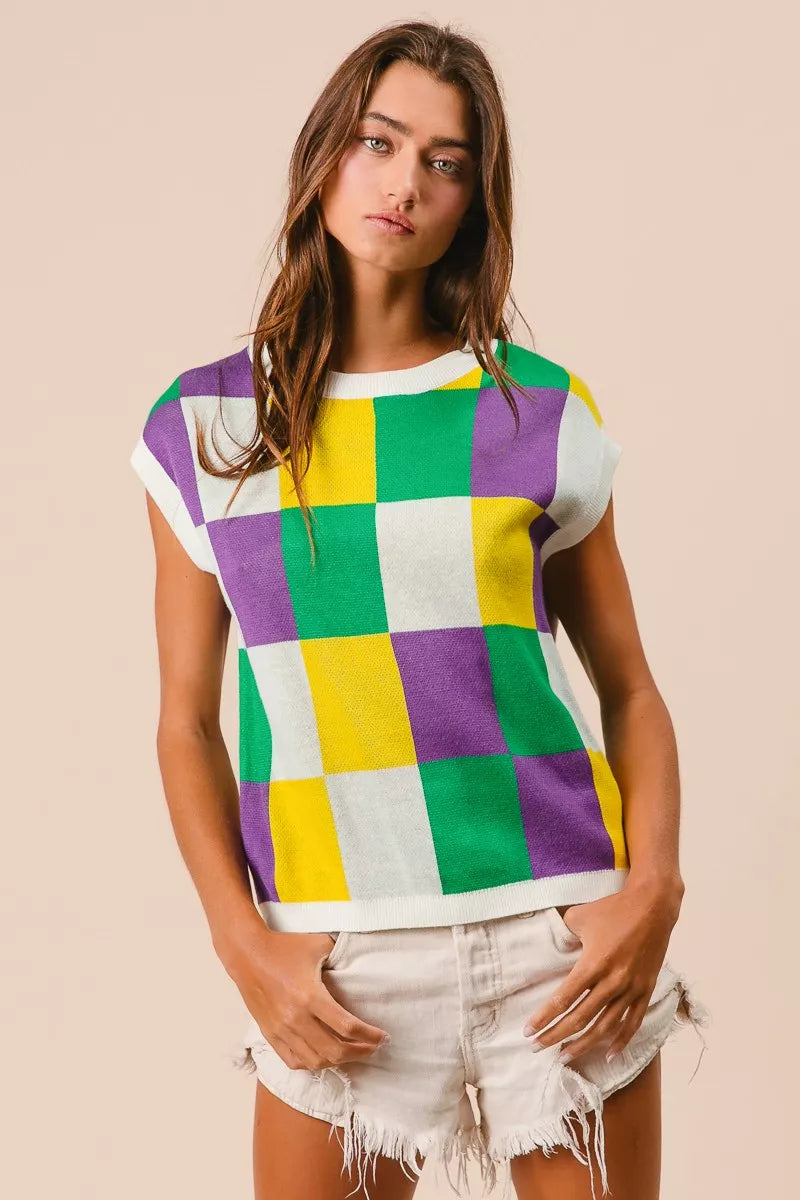 BiBi Mardi Gras Checker Pattern Sleeveless Sweater Top - Trendsi - Flyclothing LLC