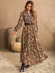 Ruched Printed Notched Long Sleeve Maxi Dress - Trendsi