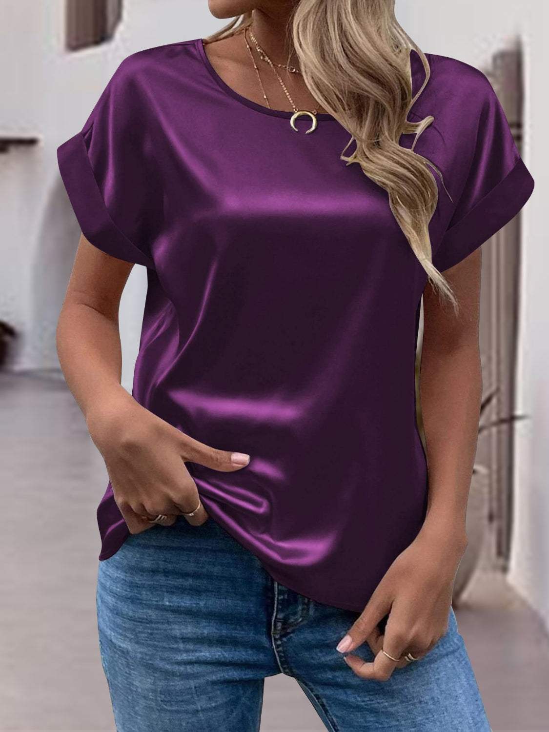 Round Neck Short Sleeve T-Shirt - Trendsi - Flyclothing LLC