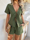 Devine Tied V-Neck Short Sleeve Top and Shorts Set - Trendsi