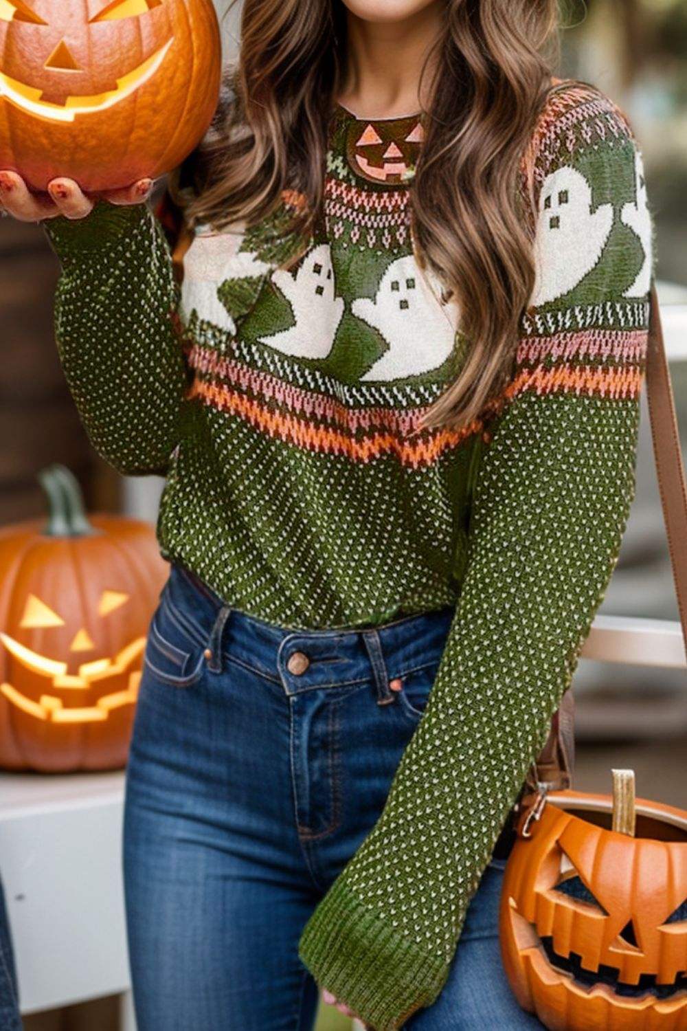 Ghost Round Neck Long Sleeve Sweater - Trendsi - Flyclothing LLC