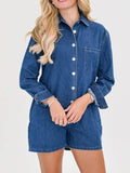 Button Front Long Sleeve Denim Romper - Trendsi