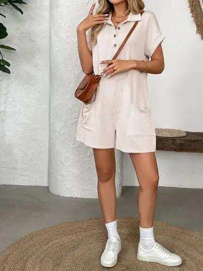 Button Detail Collared Neck Short Sleeve Romper - Trendsi - Flyclothing LLC