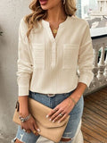 Devine Pocketed Notched Long Sleeve Blouse - Trendsi