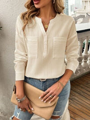 Devine Pocketed Notched Long Sleeve Blouse - Trendsi