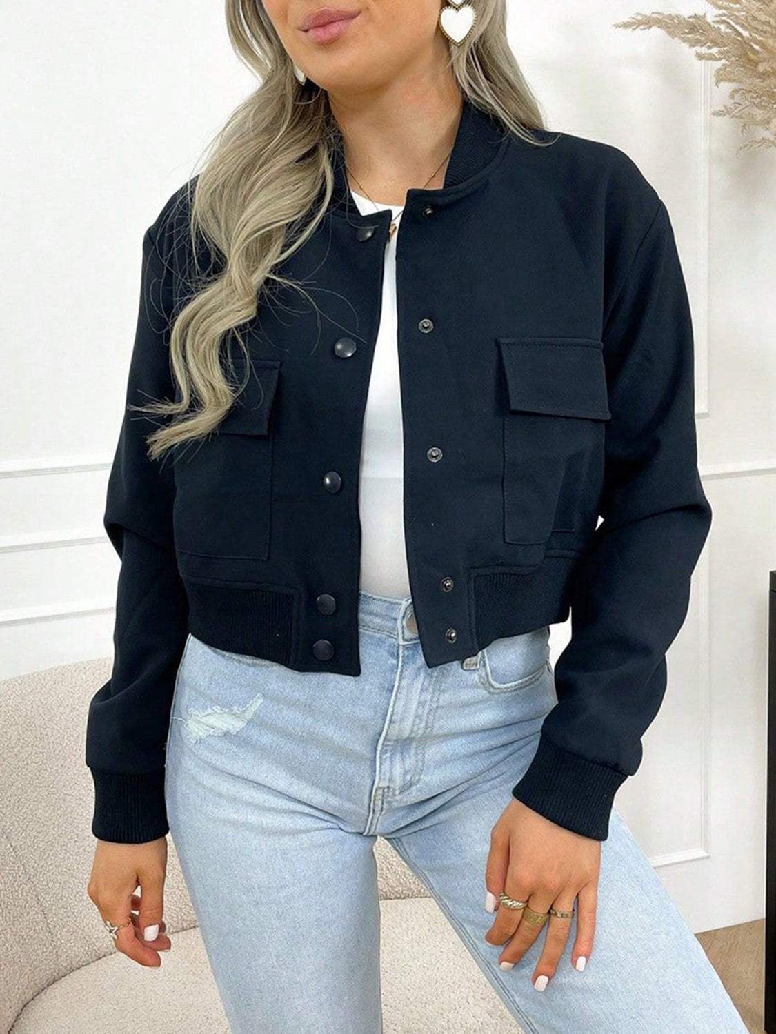 Pocketed Snap Down Baseball Collar Jacket - Trendsi - Flyclothing LLC