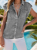 Collared Neck Cap Sleeve Denim Top - Trendsi - Flyclothing LLC