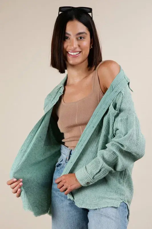 VERY J Mineral Washed Gauze Button Down Shirt - Trendsi - Flyclothing LLC