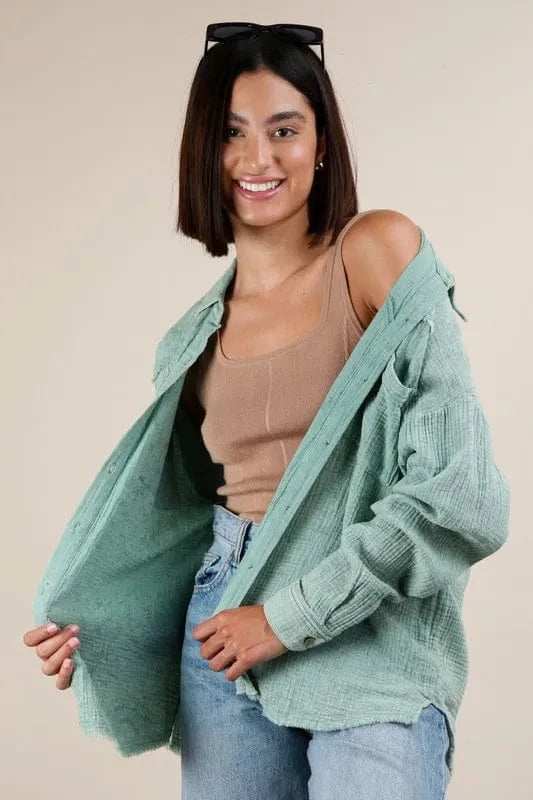 VERY J Mineral Washed Gauze Button Down Shirt - Trendsi - Flyclothing LLC