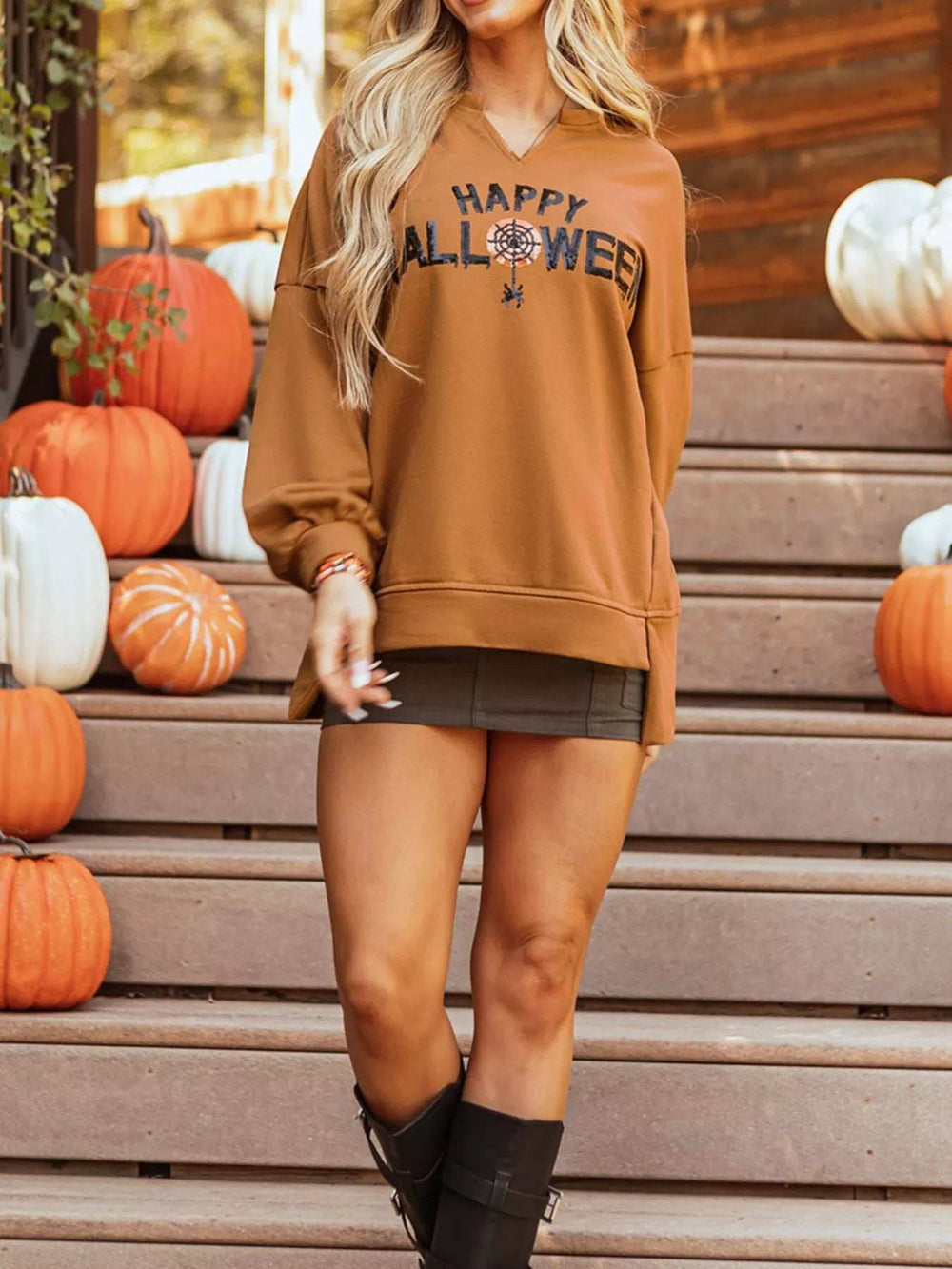 Happy Halloween Graphic Notched Long Sleeve Loose Top - Trendsi - Flyclothing LLC