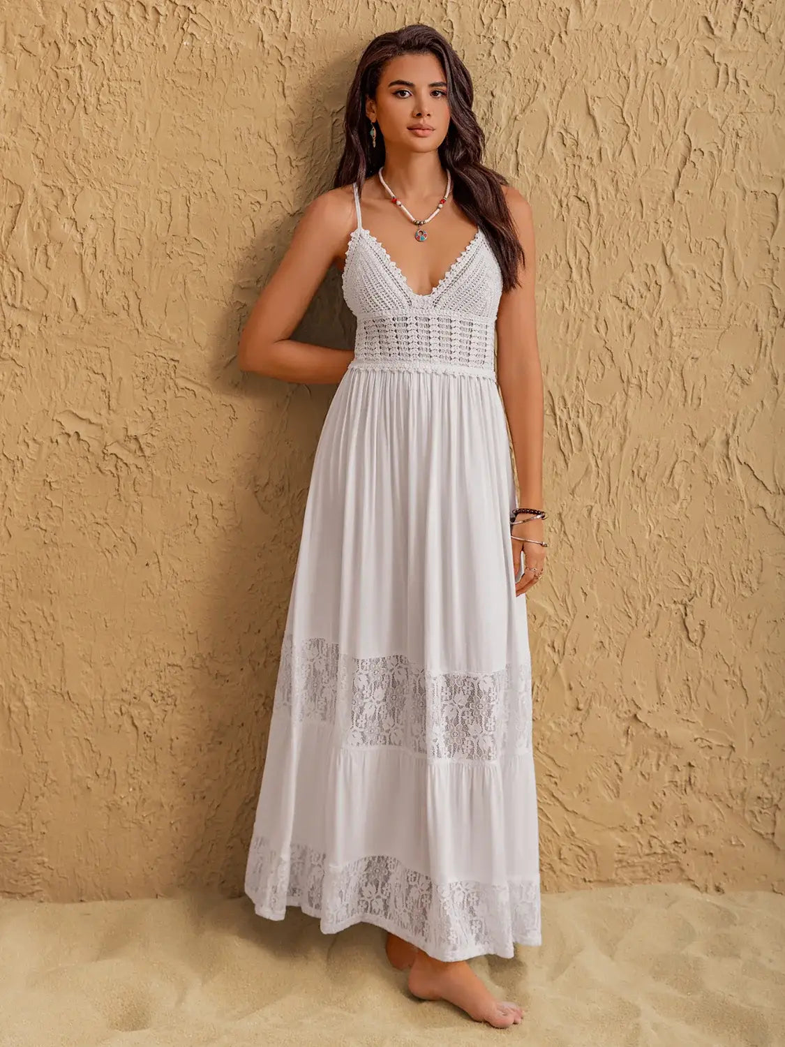 Lace Detail Crochet Tiered Maxi Cami Dress - Trendsi - Flyclothing LLC