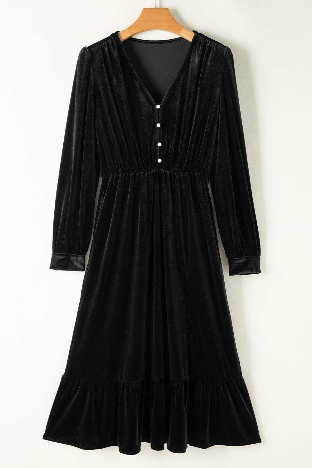 Ruffle Hem Slit V-Neck Long Sleeve Dress - Trendsi - Flyclothing LLC