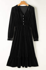 Ruffle Hem Slit V-Neck Long Sleeve Dress - Trendsi - Flyclothing LLC