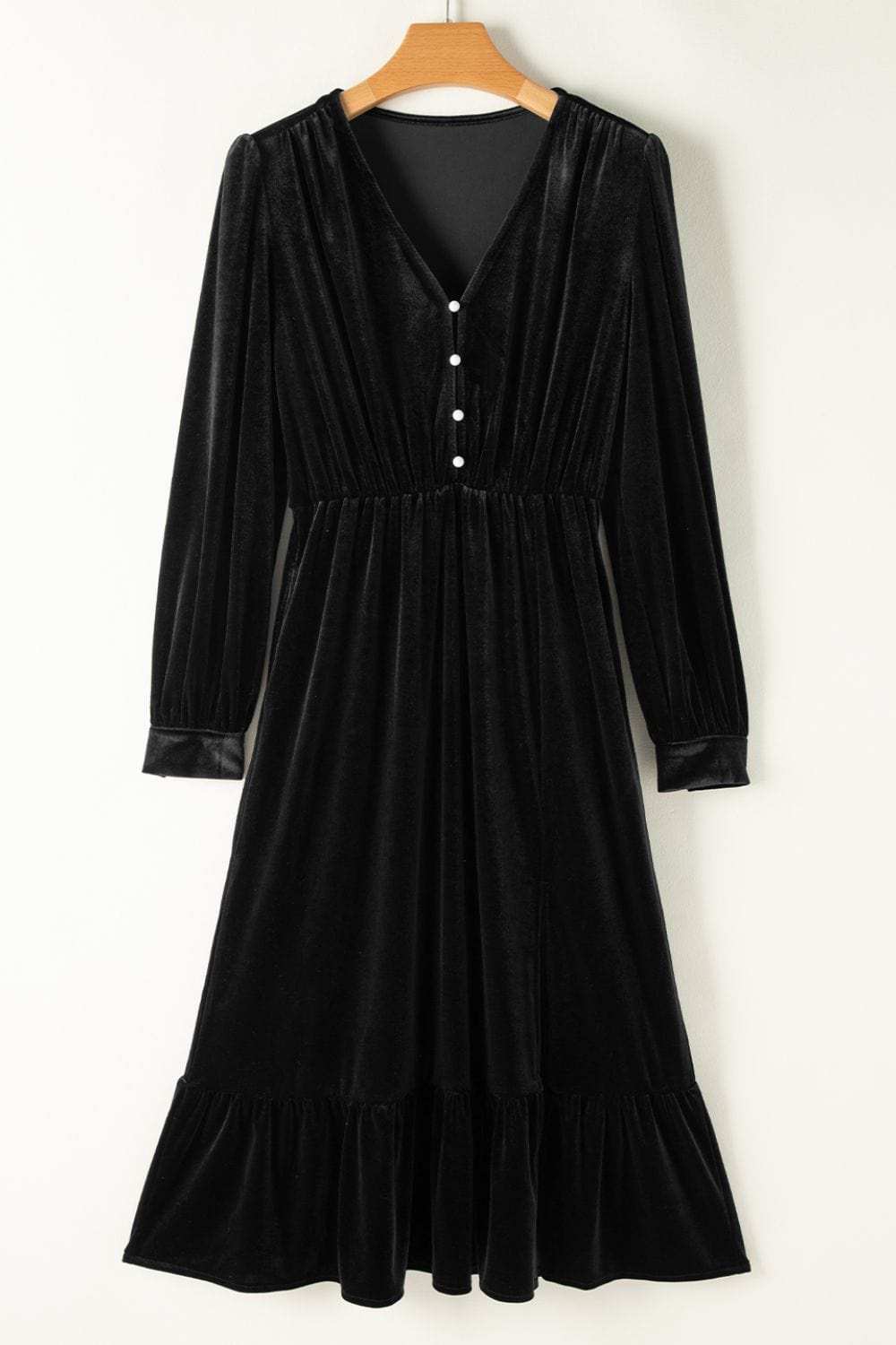 Ruffle Hem Slit V-Neck Long Sleeve Dress - Trendsi - Flyclothing LLC