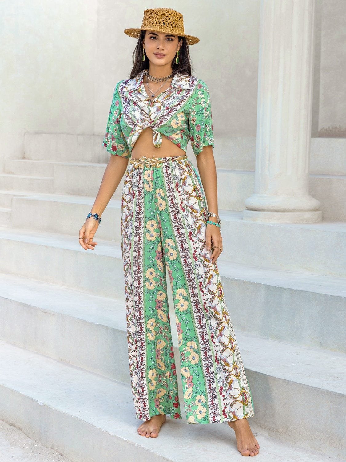 Printed Half Sleeve Top and Wide Leg Pants Set - Trendsi