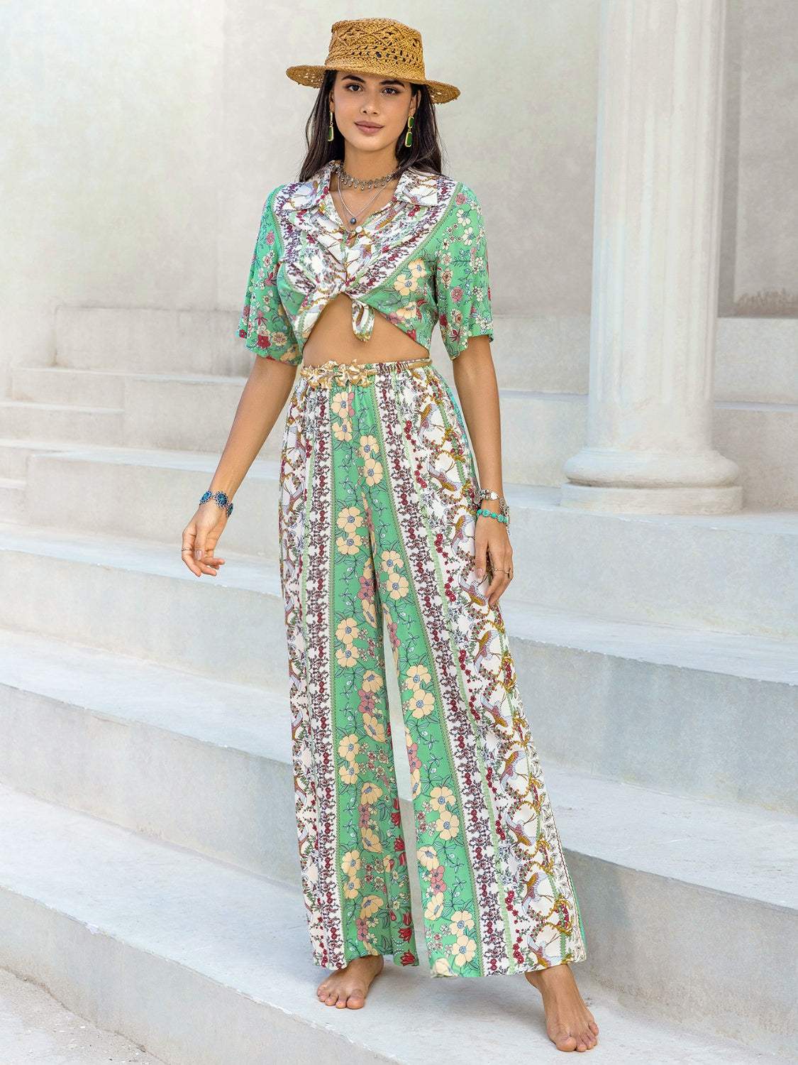 Printed Half Sleeve Top and Wide Leg Pants Set - Trendsi - Flyclothing LLC