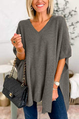 Slit V-Neck Half Sleeve Knit Top - Trendsi - Flyclothing LLC