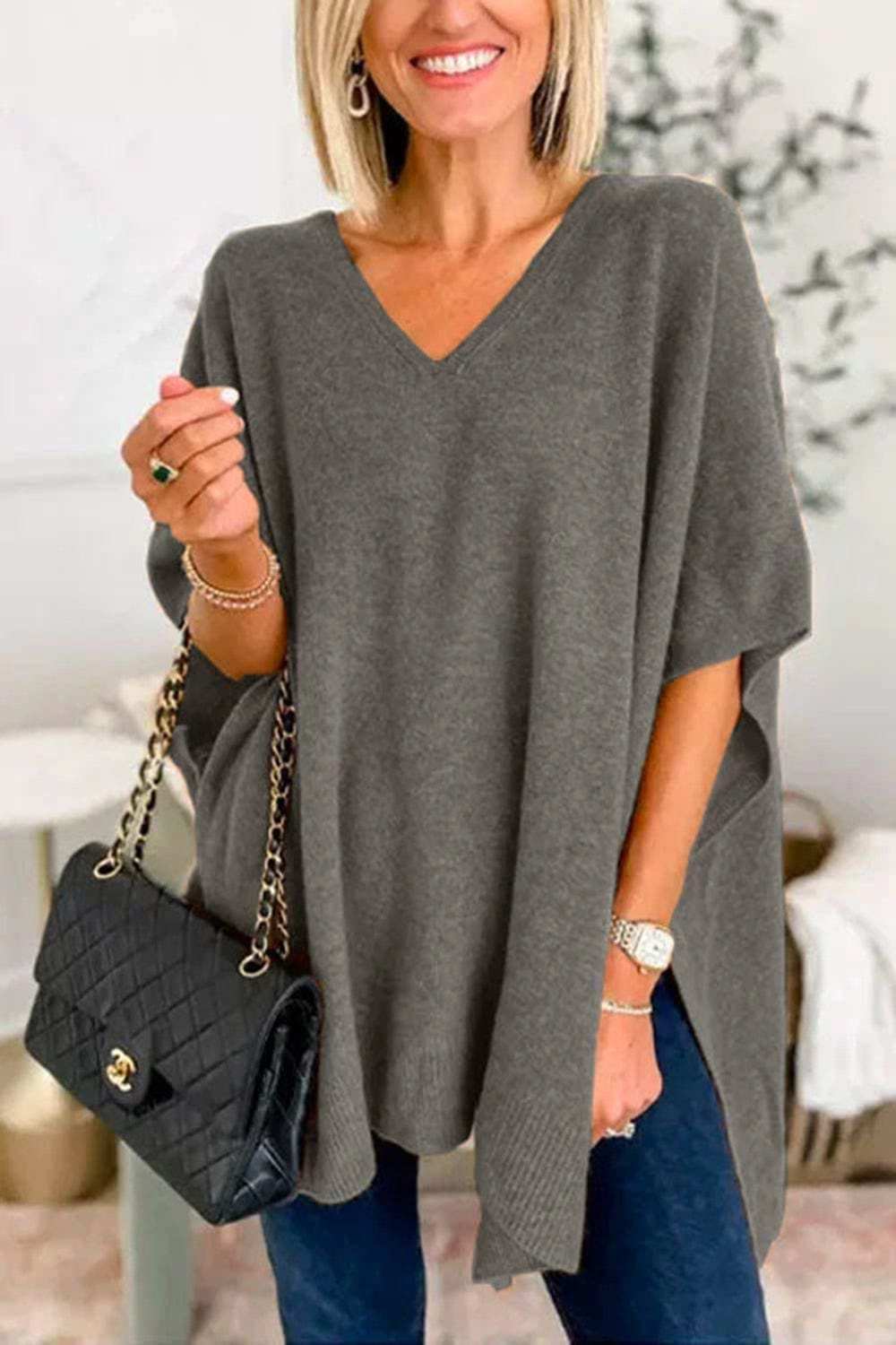 Slit V-Neck Half Sleeve Knit Top - Trendsi - Flyclothing LLC