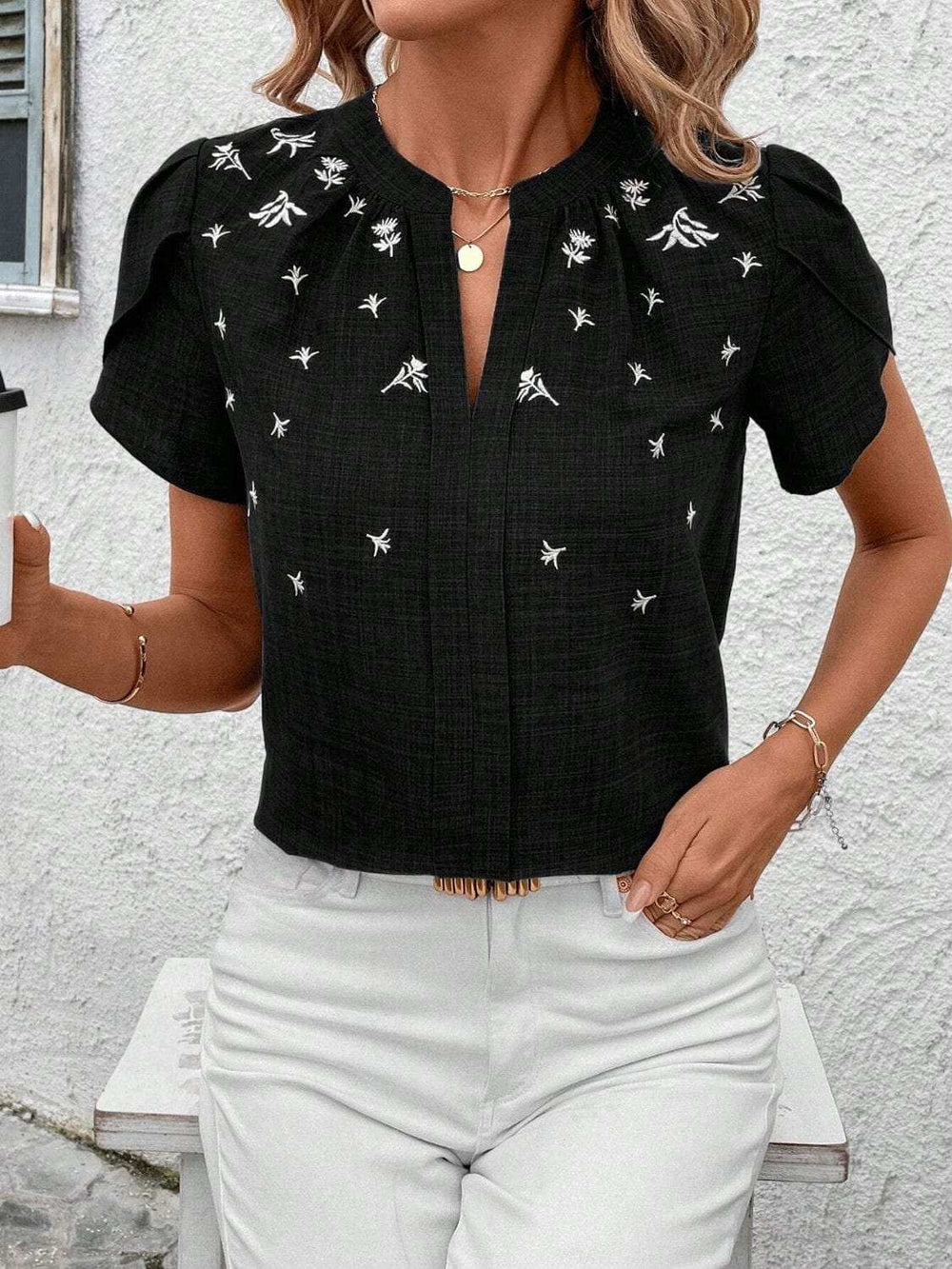 Floral Notched Short Sleeve Blouse - Trendsi - Flyclothing LLC