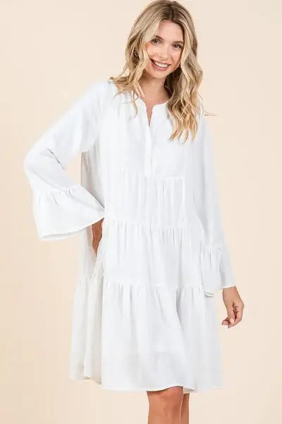 Mittoshop Tiered Notched Flare Sleeve Dress - Trendsi - Flyclothing LLC