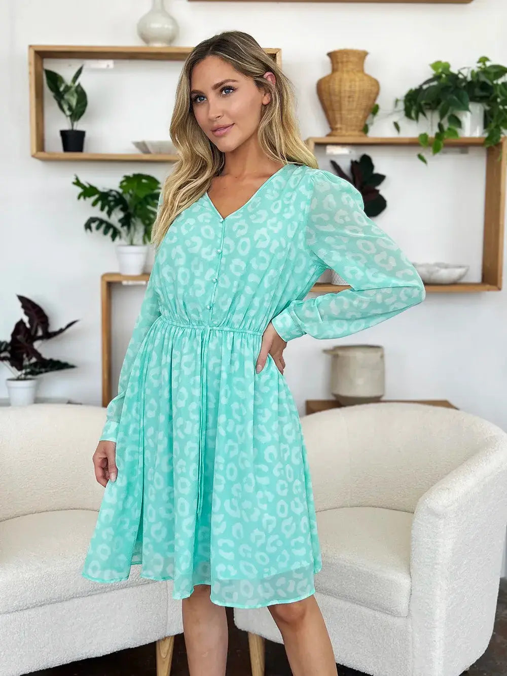 Double Take Full Size Printed Ruched V-Neck Long Sleeve Dress - Trendsi - Flyclothing LLC