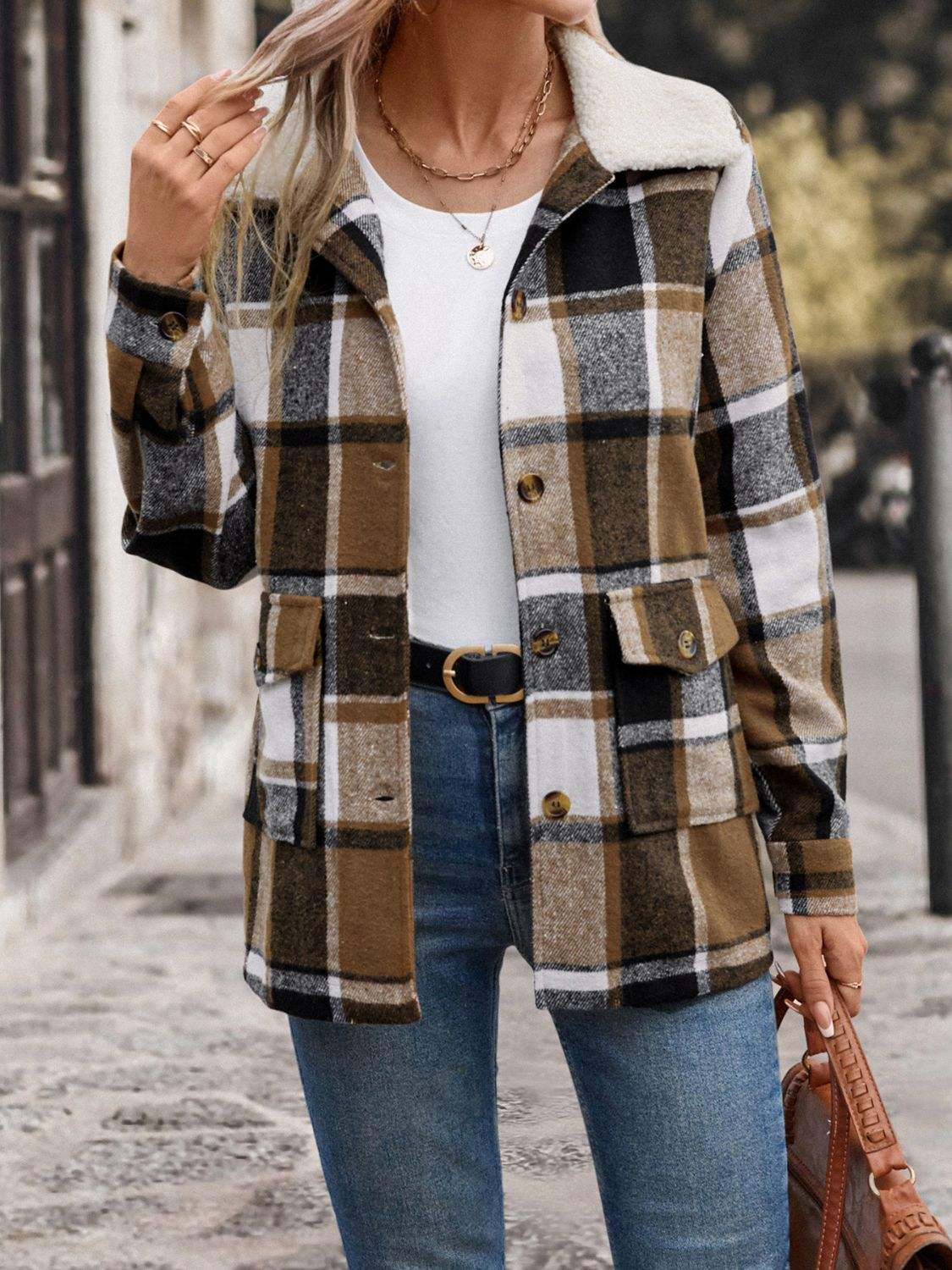 Perfee Pocketed Plaid Button Up Collared Neck Jacket - Trendsi - Flyclothing LLC