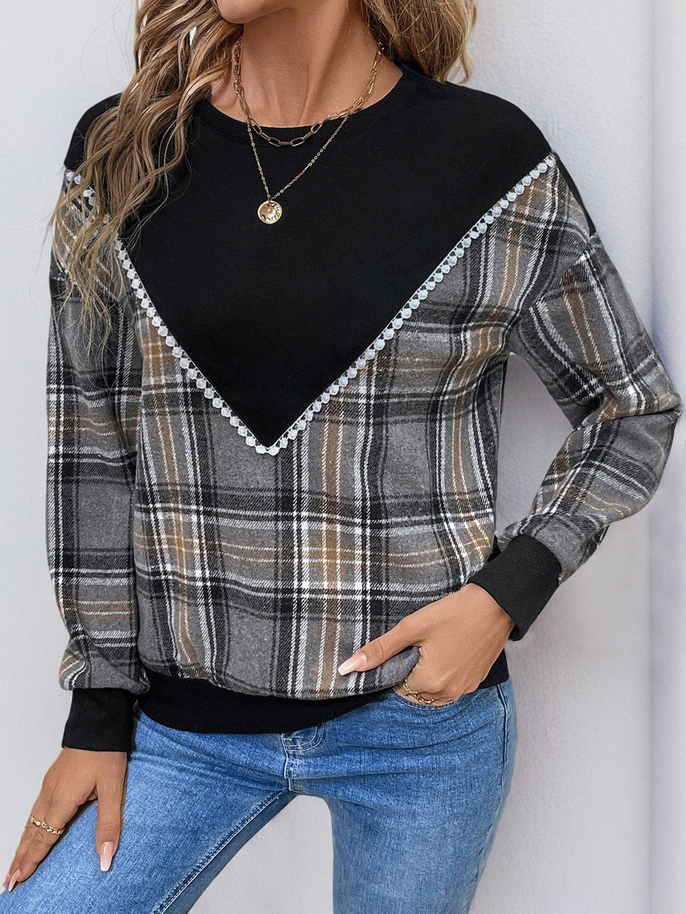 Perfee Plaid Round Neck Long Sleeve Sweatshirt - Trendsi