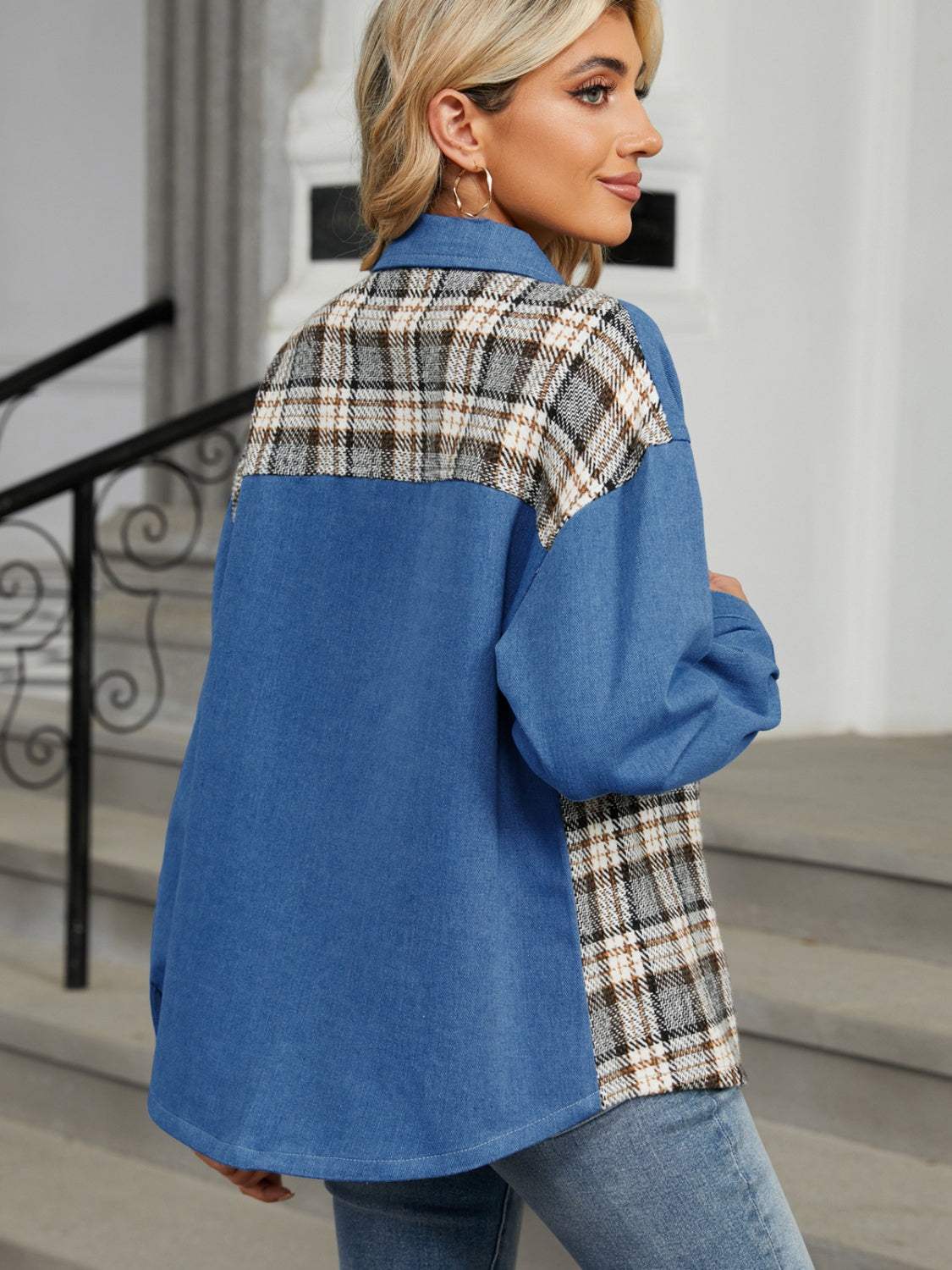 Plaid Button Up Long Sleeve Denim Jacket - Trendsi - Flyclothing LLC