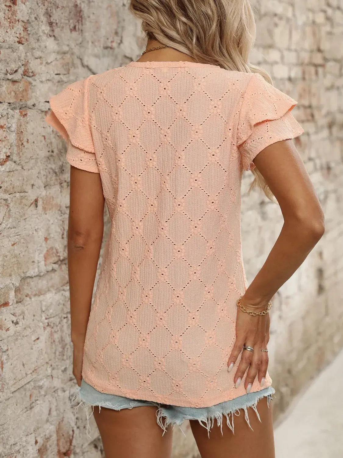 Eyelet V-Neck Ruffled Cap Sleeve Top - Trendsi - Flyclothing LLC