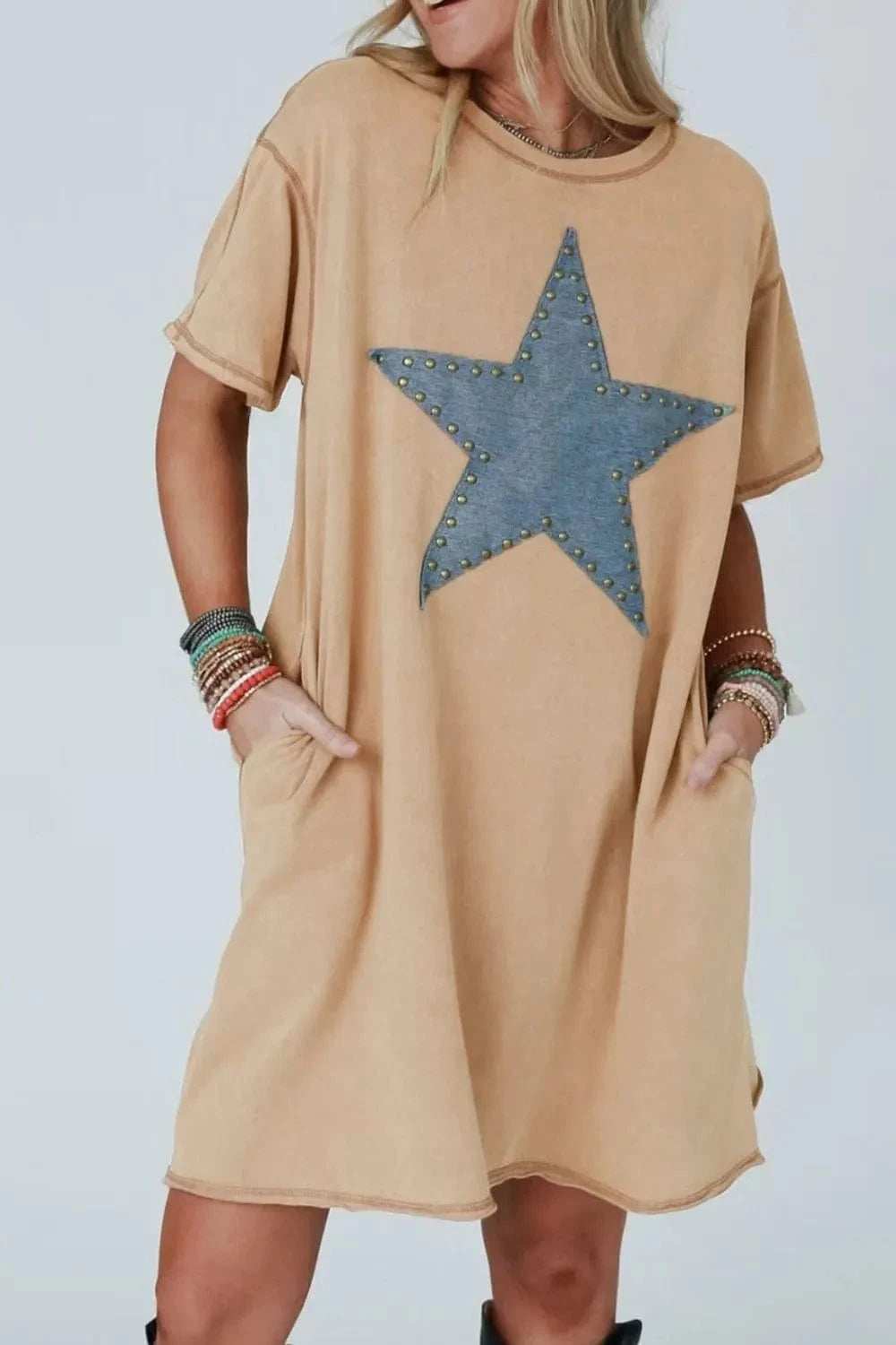 Mineral Wash Stud Beaded Star Pocketed T Shirt Dress - Trendsi - Flyclothing LLC