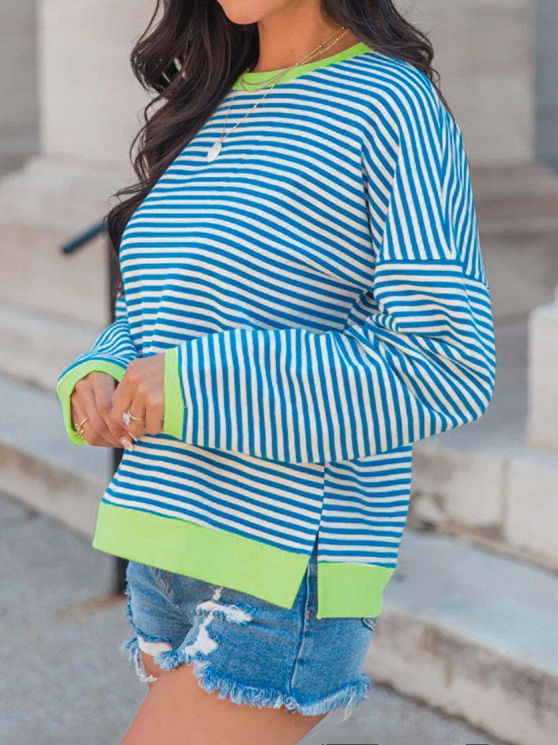 Perfee Striped Round Neck Long Sleeve Sweatshirt - Trendsi - Flyclothing LLC