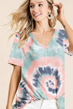 BiBi Tie Dye Print Terry V Neck Short Sleeve Top - Trendsi - Flyclothing LLC