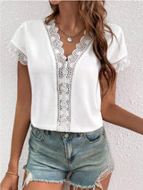 Lace Detail V-Neck Cap Sleeve Blouse - Trendsi - Flyclothing LLC