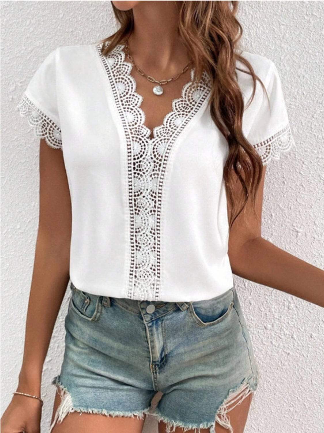 Lace Detail V-Neck Cap Sleeve Blouse - Trendsi - Flyclothing LLC