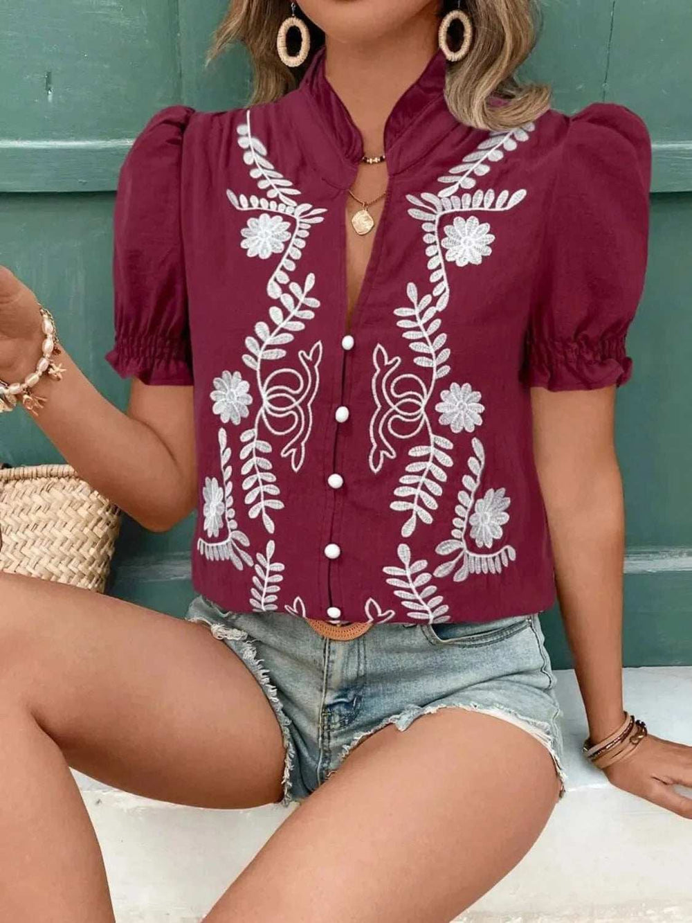 Embroidered Frill Notched Short Sleeve Blouse - Trendsi - Flyclothing LLC