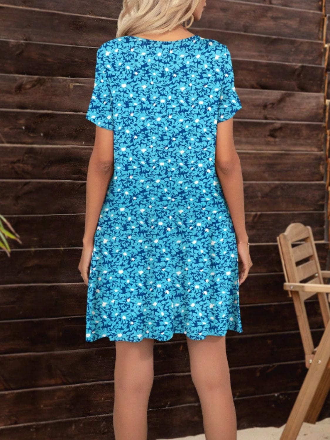 Pocketed Printed Round Neck Short Sleeve Mini Dress - Trendsi