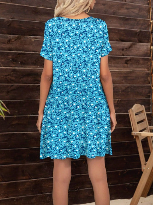 Pocketed Printed Round Neck Short Sleeve Mini Dress - Trendsi