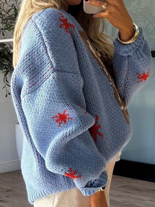Boot Pattern Round Neck Dropped Shoulder Sweater - Trendsi