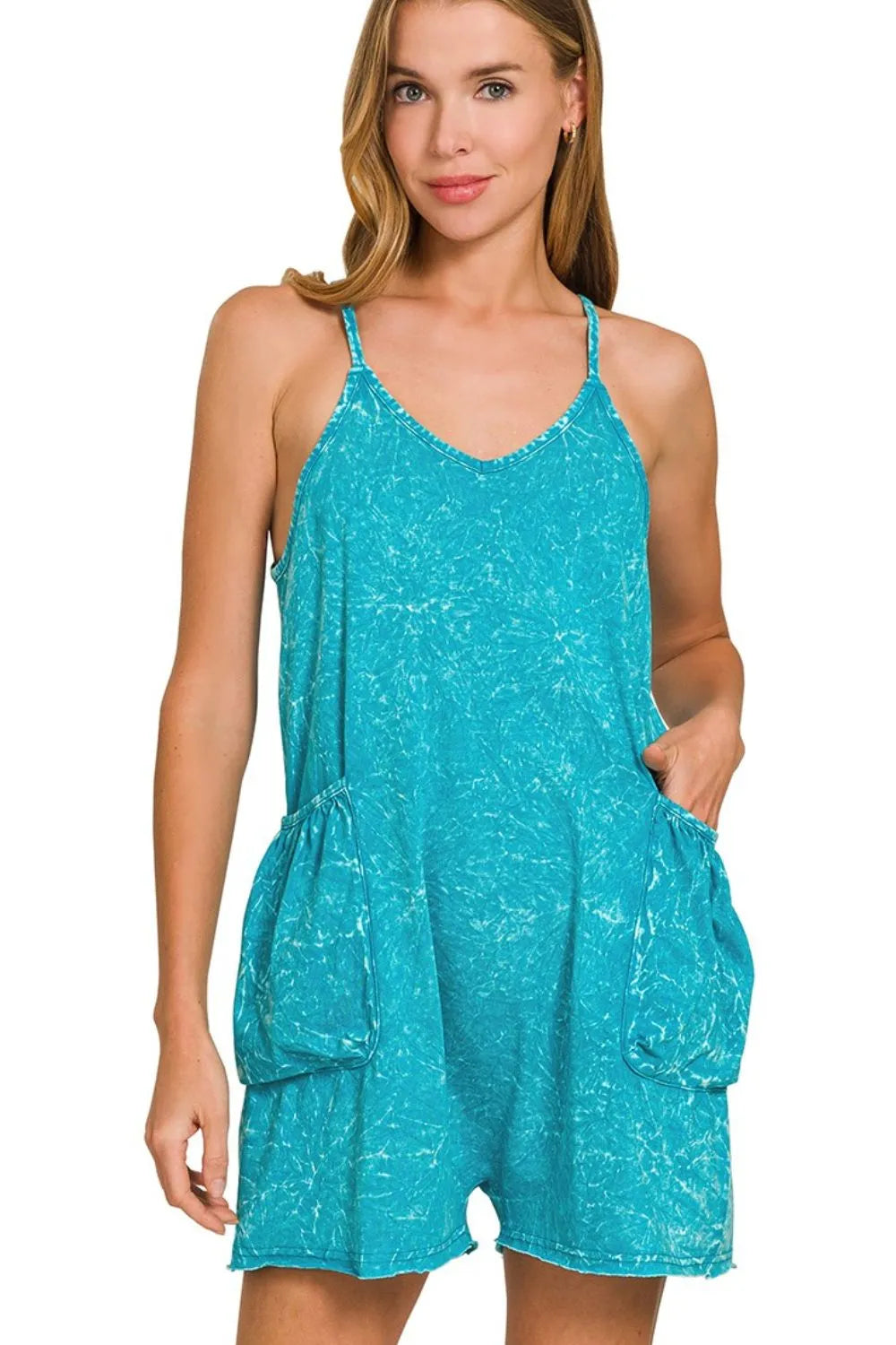 Zenana Acid Crinkle Washed Spaghetti Strap Romper - Trendsi