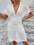 Openwork Plunge Short Sleeve Cover-Up Dress - Trendsi - Flyclothing LLC