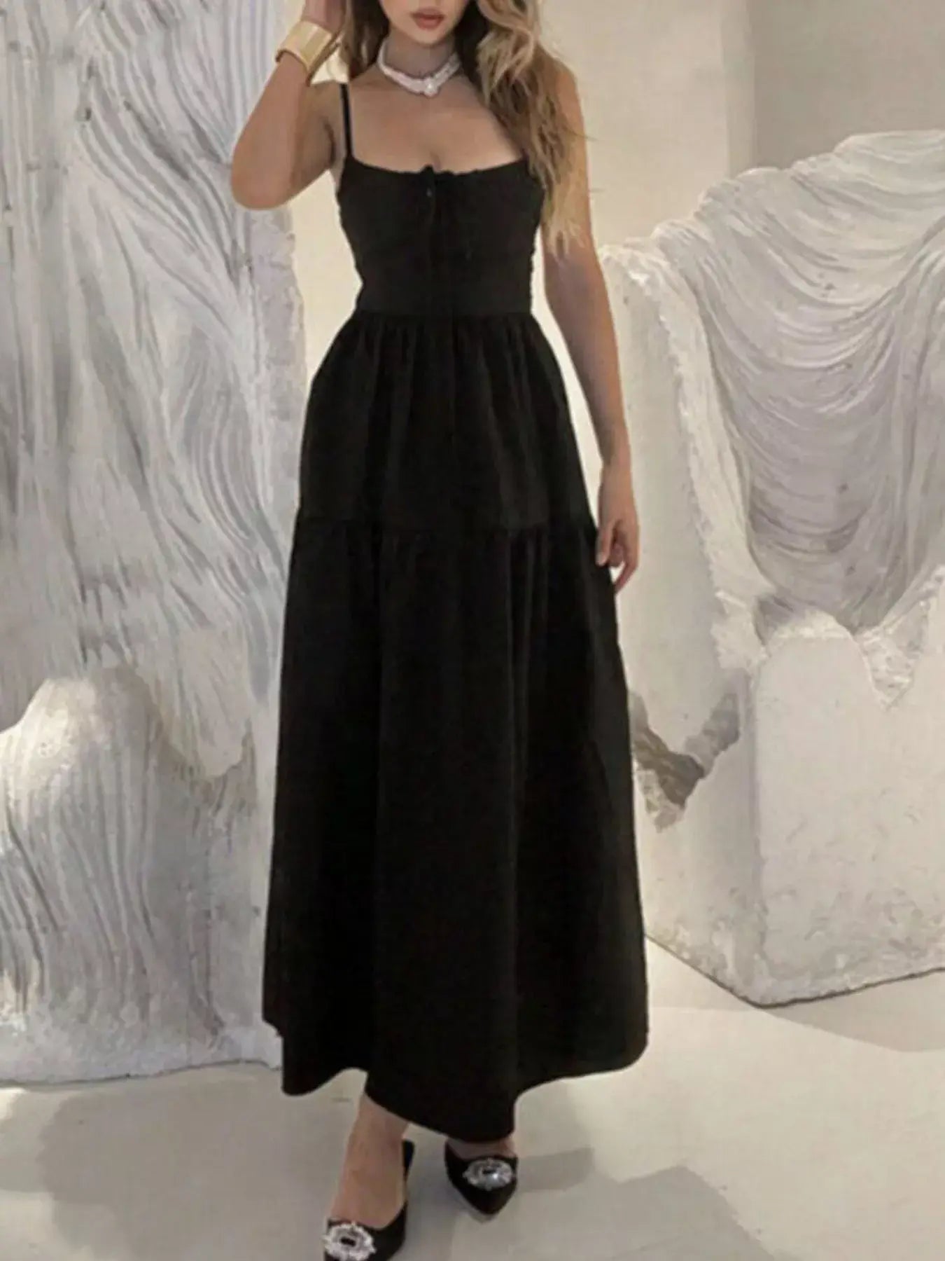 Lace Up Back Maxi Cami Dress - Trendsi - Flyclothing LLC